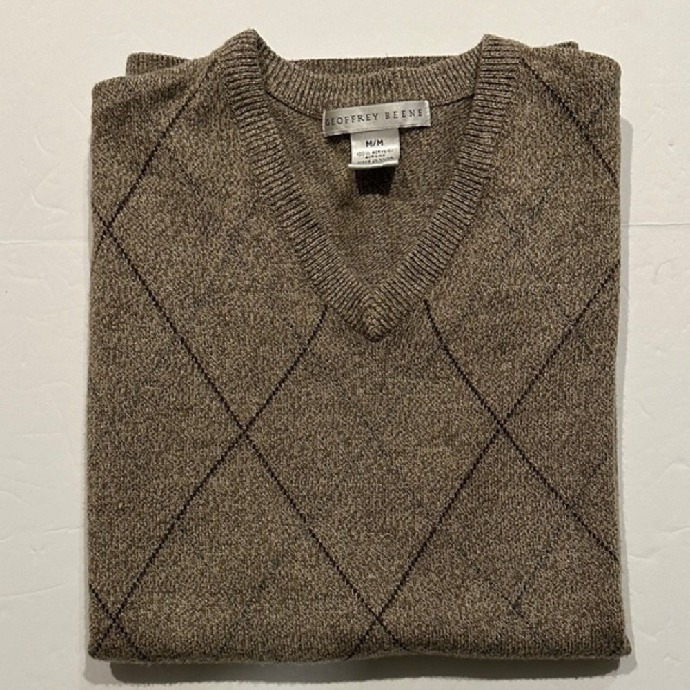 Geoffrey Beene Tan V-Neck Argyle Sweater Vest Size Medium